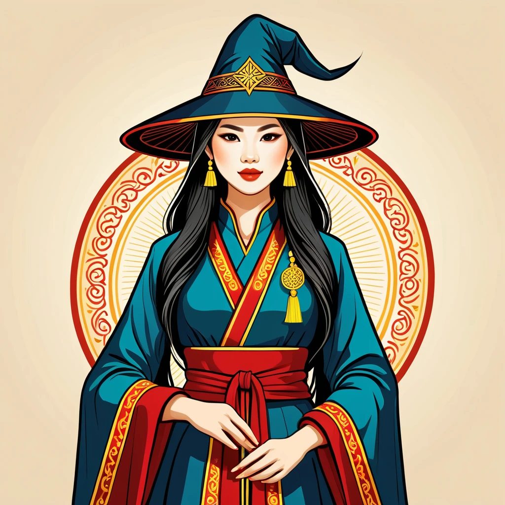 female	wizard	in vietnamese folk outfit	,vector graphics, strong contours, logo design																						