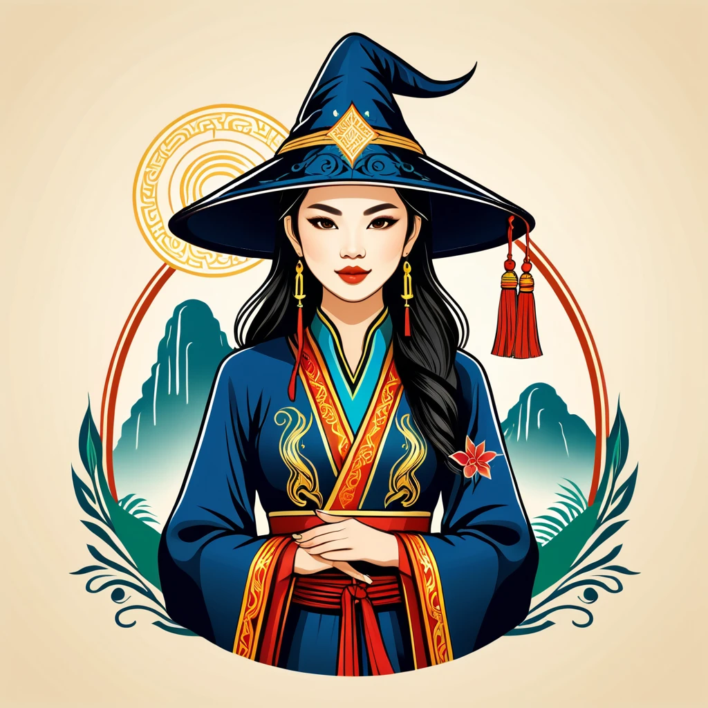 female wizard in vietnamese folk outfit ,vector graphics, strong contours, logo design