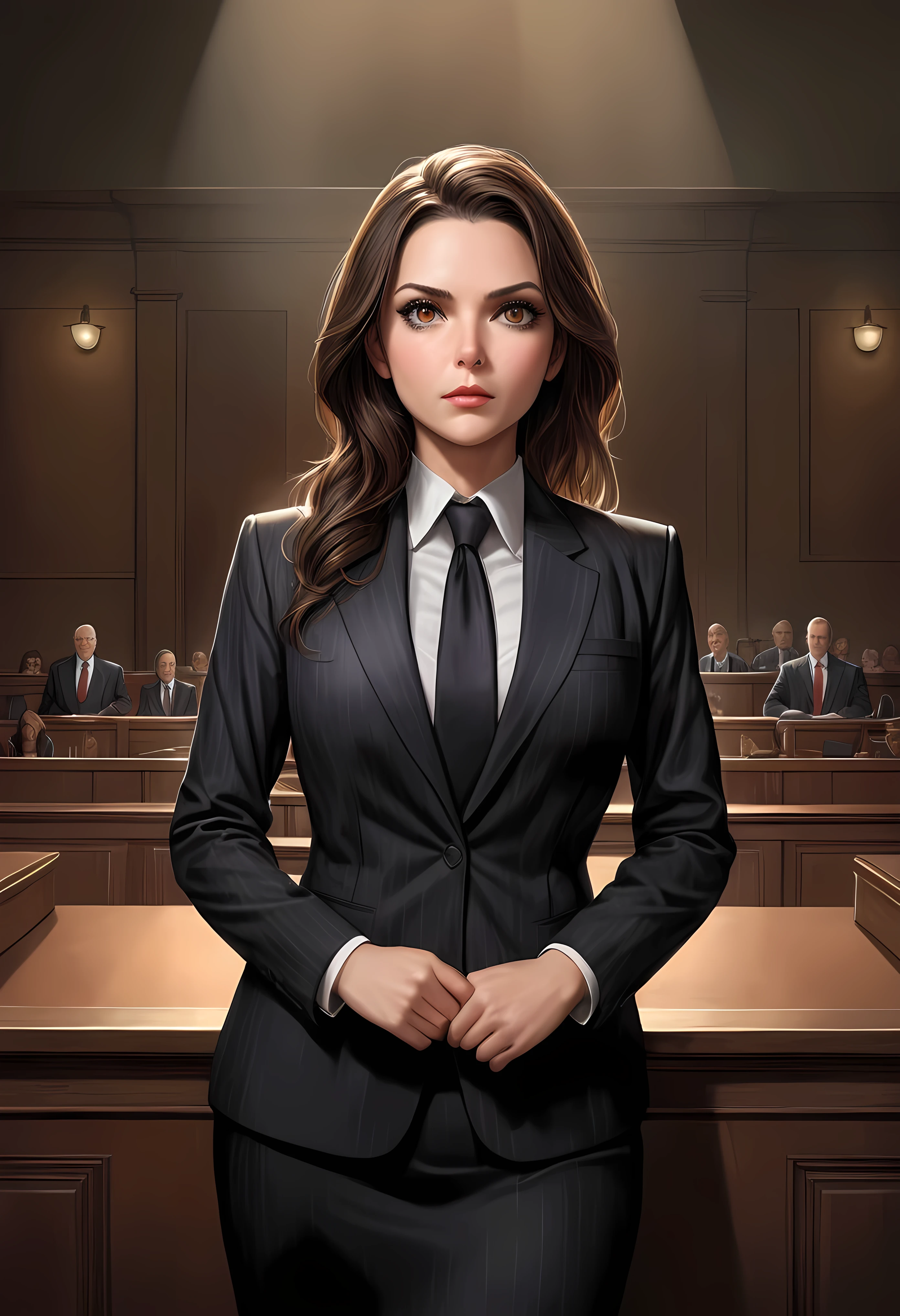 Create a breathtaking, ultra-high-definition image in 16K resolution that captures the elegance and professionalism of a courtroom scene, with a realistic photo aesthetic. | Visualize a beautiful brunette female lawyer with flowing hair, striking eyes, and a confident expression. She exudes authority and grace as she delivers her speech in the courtroom, wearing a stylish lawyer suit. Her outfit is sophisticated and professional, blending classic design with modern touches to create a polished and authoritative look. | The scene is set in a courtroom, with dramatic lighting that highlights the lawyer and her presence. The background features an attentive audience of jury members, legal professionals, and observers, seated in rows, their attention focused on the lawyer. The courtroom itself is grand and formal, adding a sense of gravitas to the scene. | Capture the lawyer in a dynamic pose, showcasing the conviction and passion in her speech. Her expression should convey a sense of determination and intelligence as she confidently addresses the court. The camera angle should emphasize her full body, highlighting the intricate details of her suit and her commanding presence. | The overall ambiance should integrate rich colors and detailed textures, creating a sense of depth and immersion in this professional setting. Ensure anatomical correctness, with a focus on ultra-detailed textures and high-quality rendering, capturing every nuance of the lawyer's appearance and her stylish attire. This masterpiece should embody the spirit of professionalism and elegance, immersing viewers in its lifelike depiction. | Keywords: (brunette female lawyer:1.3), ((realistic photo)), ((stylish lawyer suit):1.2), ((confident expression):1.2), ((striking eyes):1.2), ((courtroom scene)), ((dynamic pose)), ((dramatic lighting)), ((detailed textures)), ((high quality)).