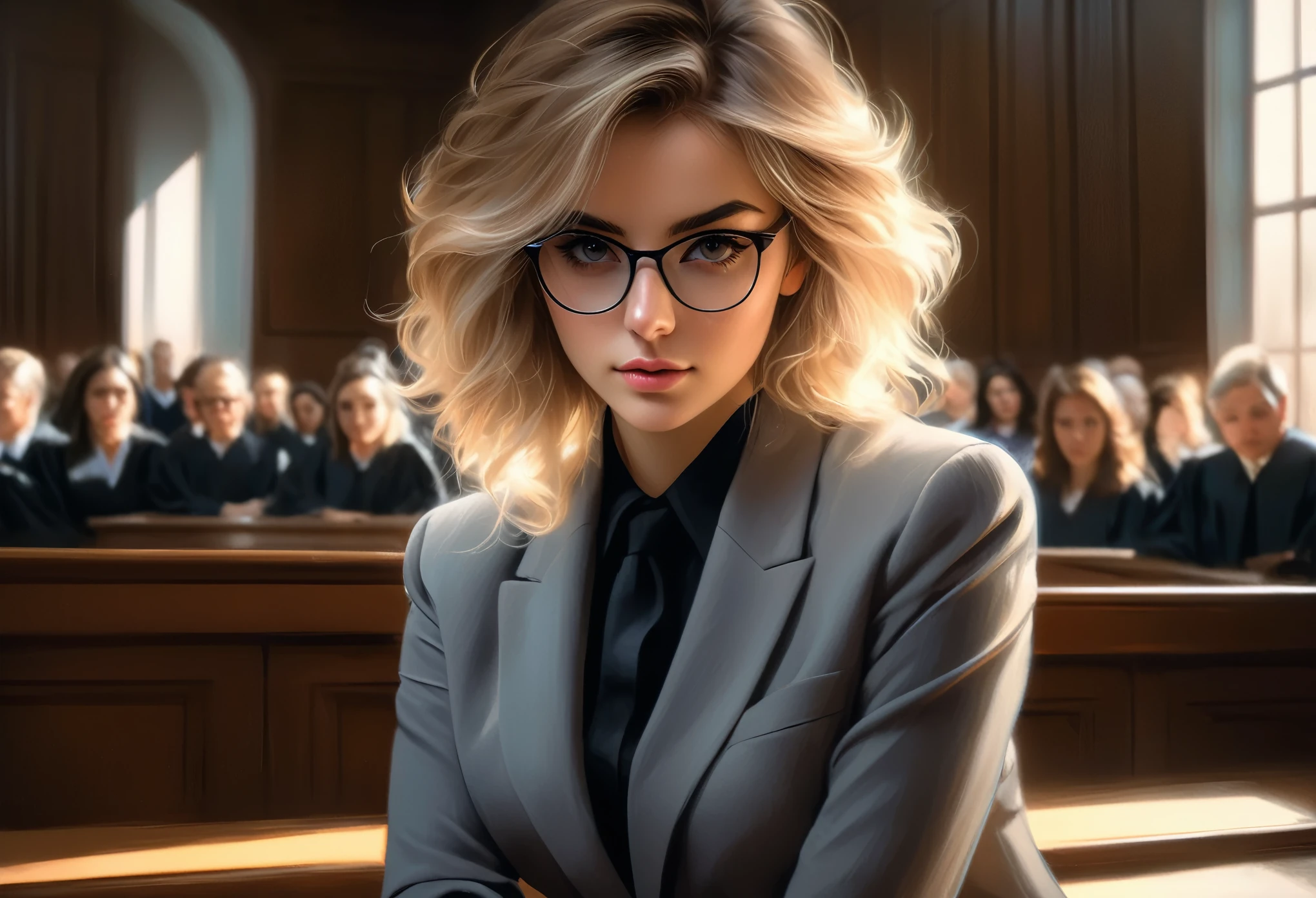 1girl, (lawyer:1.5), (solo:1.5), (in court:1.4), obscure light and shadow,aestheticism,brooding,emotional depth,(expressive brushwork:1.2),pastel hues,ultra realistic 8k cg, picture-perfect face, flawless, clean, masterpiece, professional artwork, famous artwork, perfect face, beautiful face, beautiful eyes, ((perfect female body)),(immersive atmosphere, chiaroscuro:1.5) ,(blush:0.5),seductive expression,extremely detailed_eyes,thick thighs,small breasts, beautifully detailed background,depth of field,realistic:1.3, long shot, (full body:1.7),(ambient light:1.3),(cinematic composition:1.3),(HDR:0.1), Accent Lighting, glasses, (blond hair), (midi grey pencil skirt:1.2), blazer, (lean on table:1.3), (photographed at eye level), 