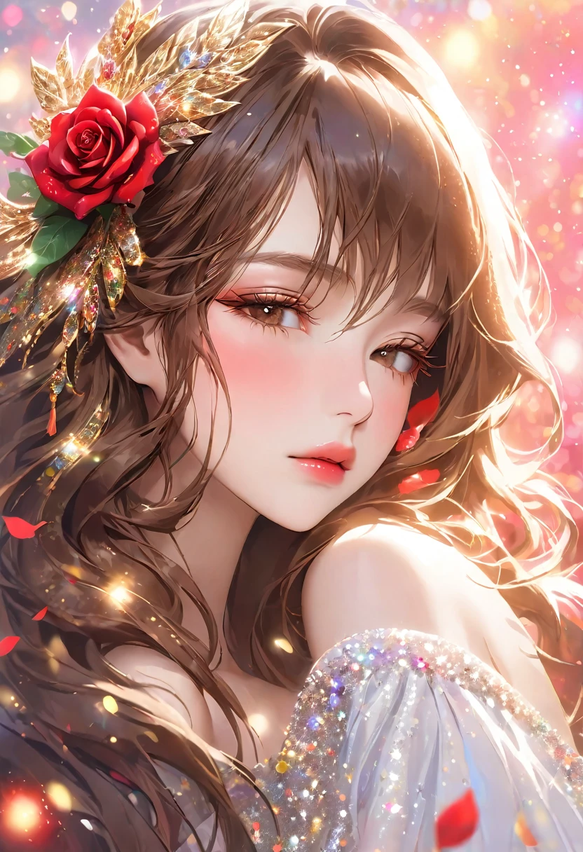 Close-up of the profile of a beautiful girl with long brown hair, closing her eyelids, not opening her eyes, holding a red rose in her hand and smelling it, long eyelashes, white off-the-shoulder outfit, mature, made-up face, pretty, older woman, glitter eye make-up, Korean-style make-up, masterpiece, perfect hand shape