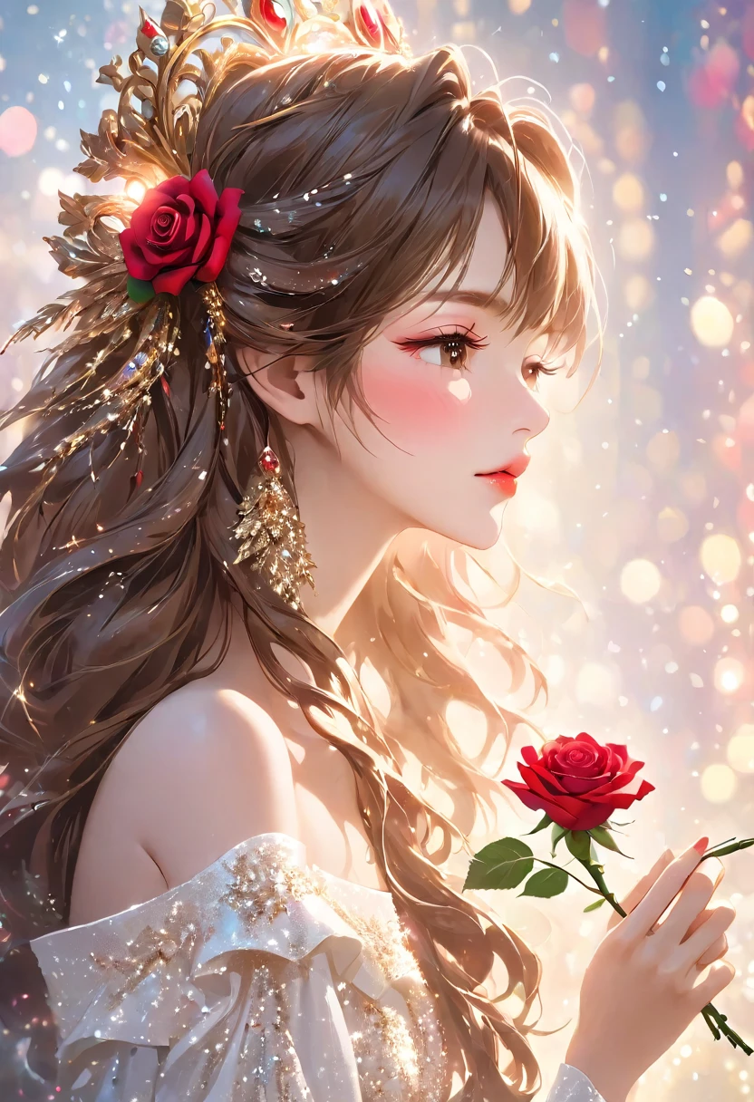 Close-up of the profile of a beautiful girl with long brown hair, closing her eyelids, not opening her eyes, holding a red rose in her hand and smelling it, long eyelashes, white off-the-shoulder outfit, mature, made-up face, pretty, older woman, glitter eye make-up, Korean-style make-up, masterpiece, perfect hand shape