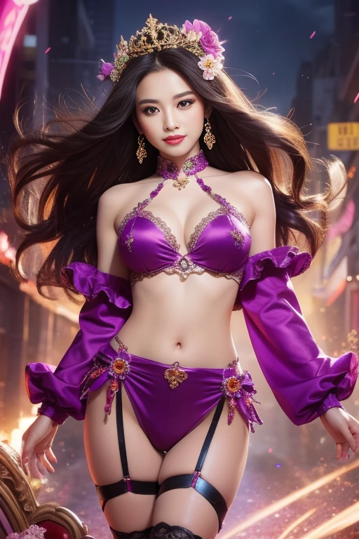 sexy Thai model who controls poison、beautiful smile、lipgloss、bold lipstick、intense makeup、look at the camera、full body Esbian、、sparkling poisoned flower costume、、、、sparkling Colorful hair、secrete poison、skull hair accessories、sexy tights、shiny sparkling flowers background