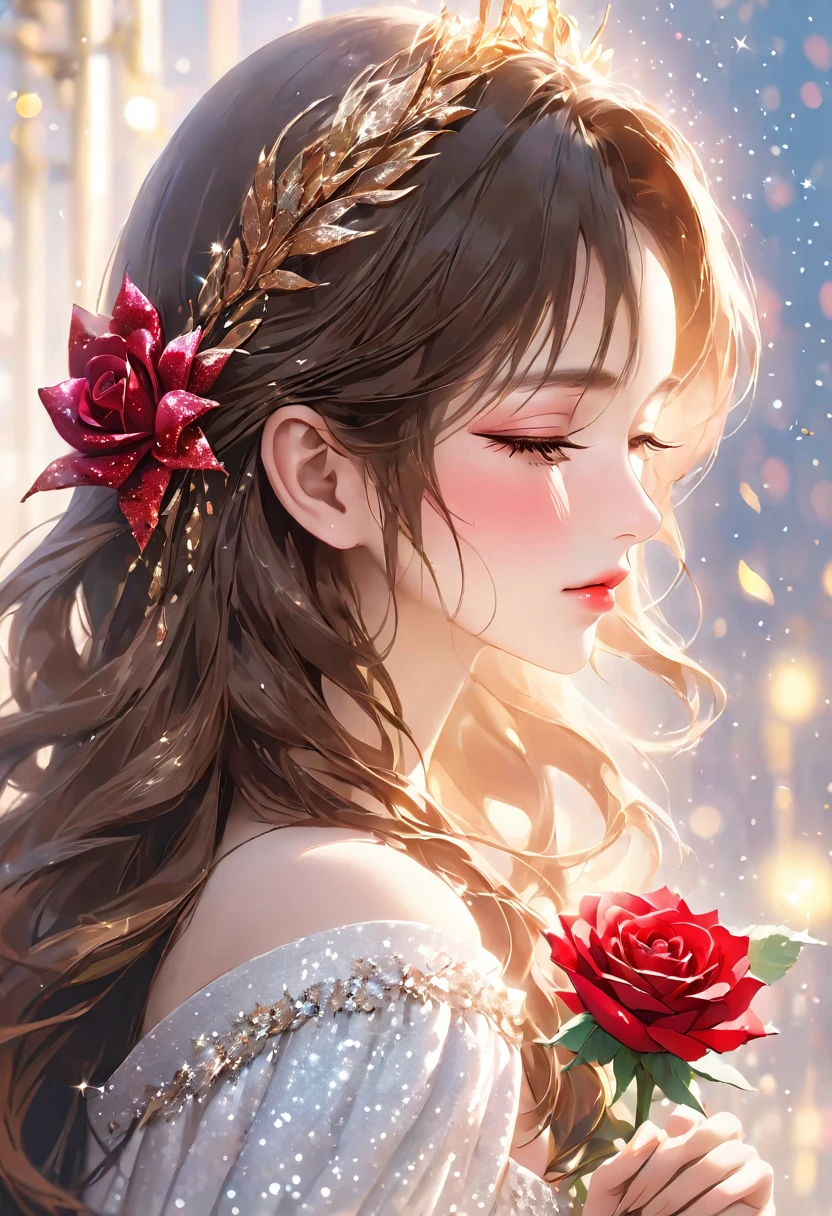 Close-up of the profile of a beautiful girl with long brown hair, closing her eyelids, not opening her eyes, holding a red rose in her hand and smelling it, long eyelashes, white off-the-shoulder outfit, mature, made-up face, pretty, older woman, glitter eye make-up, Korean-style make-up, masterpiece, perfect hand shape