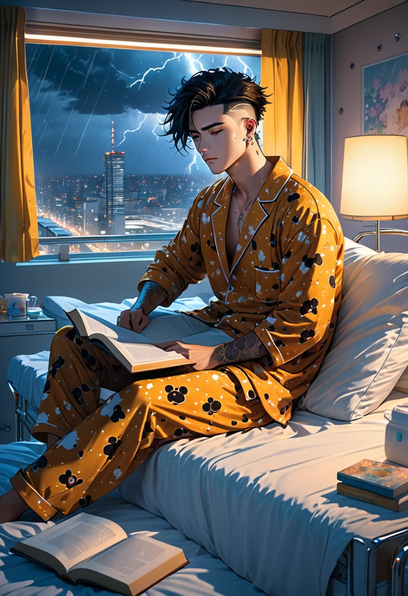 Handsome 25 year old anime male, falling a sleep atop his hospital bed/handsome male, face piercings, scars, short spiked black longish hair with a undercut, freckles, wearing honey bear print pajamas, luxurious futuristic expensive hospital room, a book sits to the side , night time, storm raging outside window