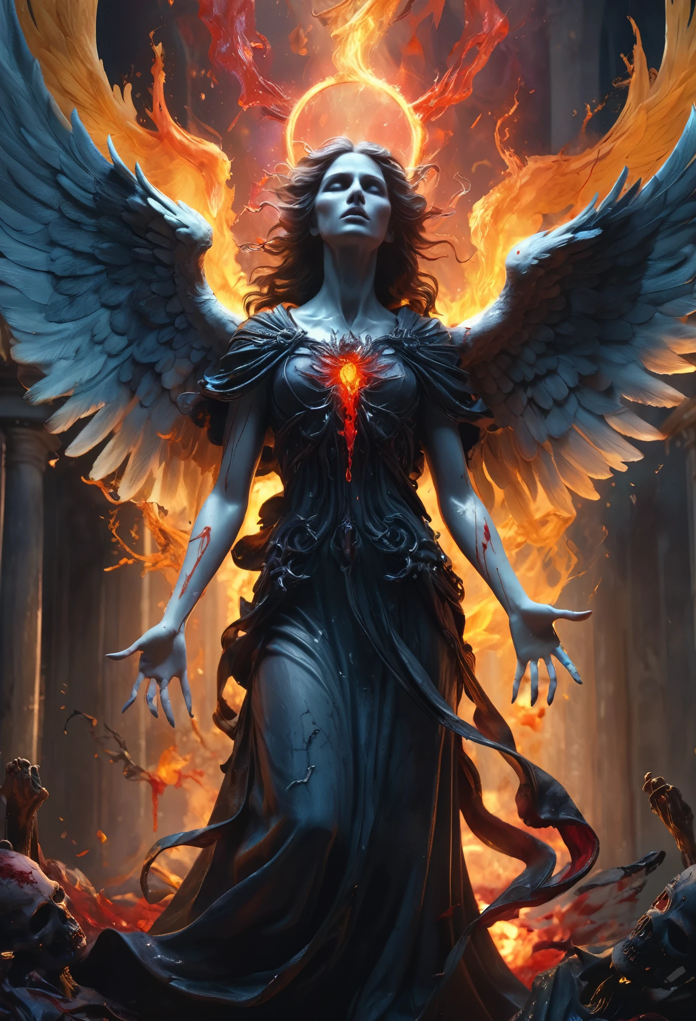 I stand amazed by the visionary genius of the artist,the exacting precision of every brush stroke making the canvas come alive with awe inspiring visuals,(illustration of a beautiful angel's final breath as she succumbs to death),angelic robes soaked in blood,the artist mourns the life of a fallen goddess,the death of virtuous saint to hands of evil,the eyes plead with the viewer to release them from their pain,(((intricate background of evil spirits in the shadows))),masterpiece,. Eerie,unsettling,dark,spooky,suspenseful,grim,highly detailed,glow effects,godrays,Hand drawn,render,8k,octane render,cinema 4d,blender,dark,atmospheric 4k ultra detailed,cinematic,Sharp focus,big depth of field,Masterpiece,colors,3d octane render,4k,concept art,trending on artstation,hyperrealistic,Vivid colors,extremely detailed CG unity 8k wallpaper,trending on CGSociety,Intricate,High Detail,dramatic,