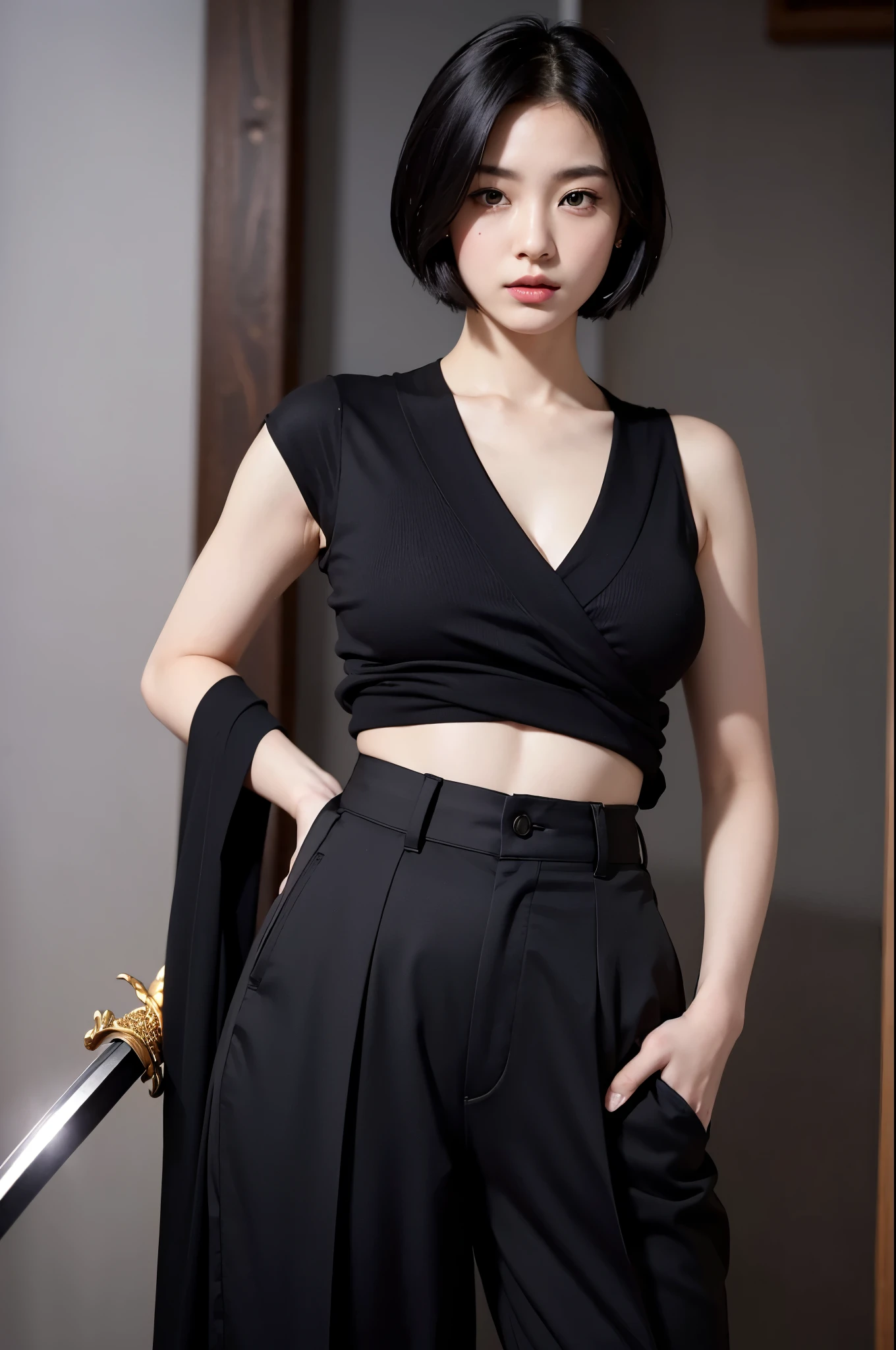 8k、alone、16 year old big breasted beauty,Super Beauty(Like the real thing),Iris,super beautiful ager,Black short bob hair,黒と赤のSexy Exterior,Black trousers,Golden decoration,長くて大きなJapanese sword,Demon Slayer: Androgynous Beauty,What's left behind,A wonderful work of art、Wind effects:1.9、Cloud Effect:1.2、Full Rendering、Caustic soda coating、Unreal Engine、Japanese sword 1本,Innocent look,Cool beauty,Ultra-high resolution,super 超Realistic Skin,Ultra-precise hand-crafted detailing,1Japanese sword,smile,Photorealistic RAW photos of the highest quality。Backlight, Cinema Lighting, Film Grain, to be born, 50mm lens, Nikon D850,Realistic Skin,Fantasy art,Character Art,Ultra-high resolution,Muscular and slim body,Muscular and lean lower body,Precise facial details,What's left behind,Perfect hands,Cool sexy beauty,landscape,A lot of thick red smoke(largely),Ultra-realistic smoke,Extremely ripped abs,Muscular Beauty,Very large breasts,Sexy Exterior,Wide open chest,Body balance,smile,