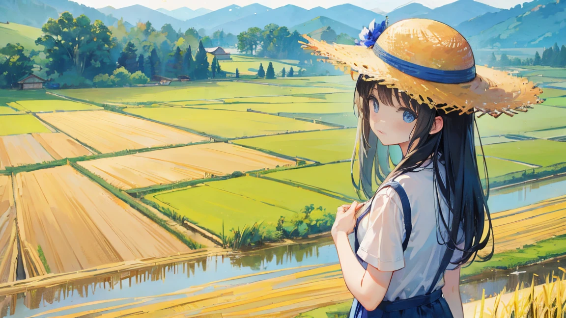 wood、Rice Field、Beautiful views、summer、countryside、、Straw hat、
