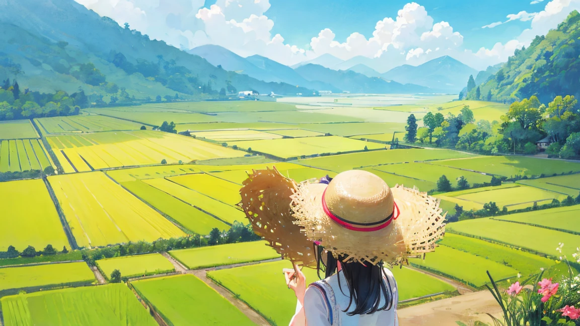 wood、Rice Field、Beautiful views、summer、countryside、、Straw hat、