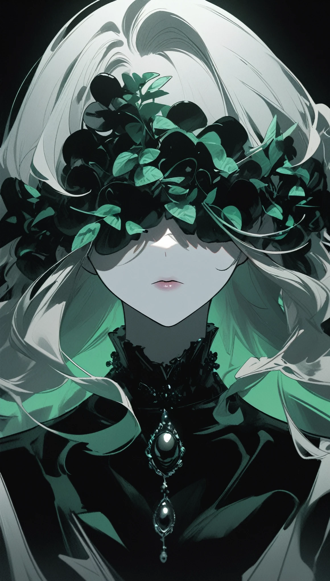 A young woman，A red silk ribbon covers the eyes，illustration，With black aesthetics、The style of anime aesthetics，I can't believe how beautiful it was，Black Pearl and Mint，monochromatic minimalist portraits，Pop artistic sense，whole body，Dynamic，