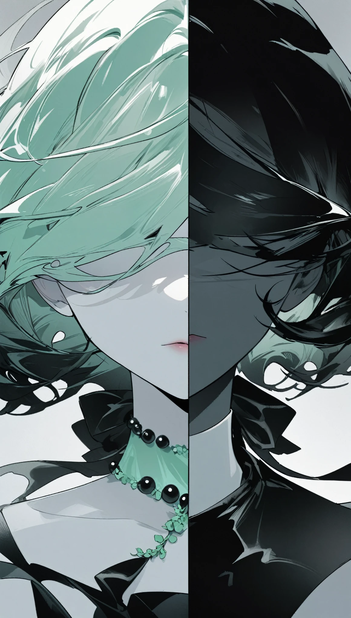 A young woman，A red silk ribbon covers the eyes，illustration，With black aesthetics、The style of anime aesthetics，I can't believe how beautiful it was，Black Pearl and Mint，monochromatic minimalist portraits，Pop artistic sense，whole body，Dynamic，