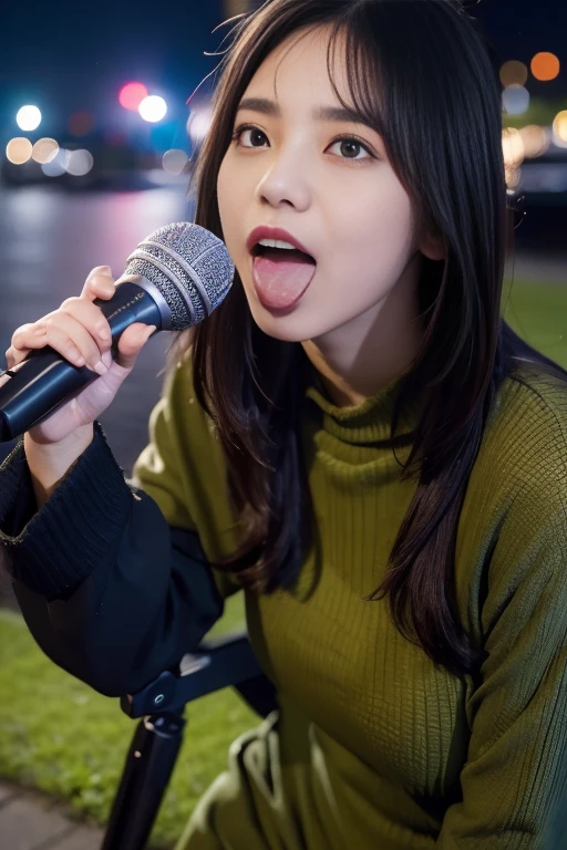 Best quality, masterpiece,photorealestic,1girl，sops，open_mouth，microphone，tongue，tongue_out,policewoman,cityscape, leaf, moon, night, night_sky, outdoors, sky, skyscraper,,floating_clothes