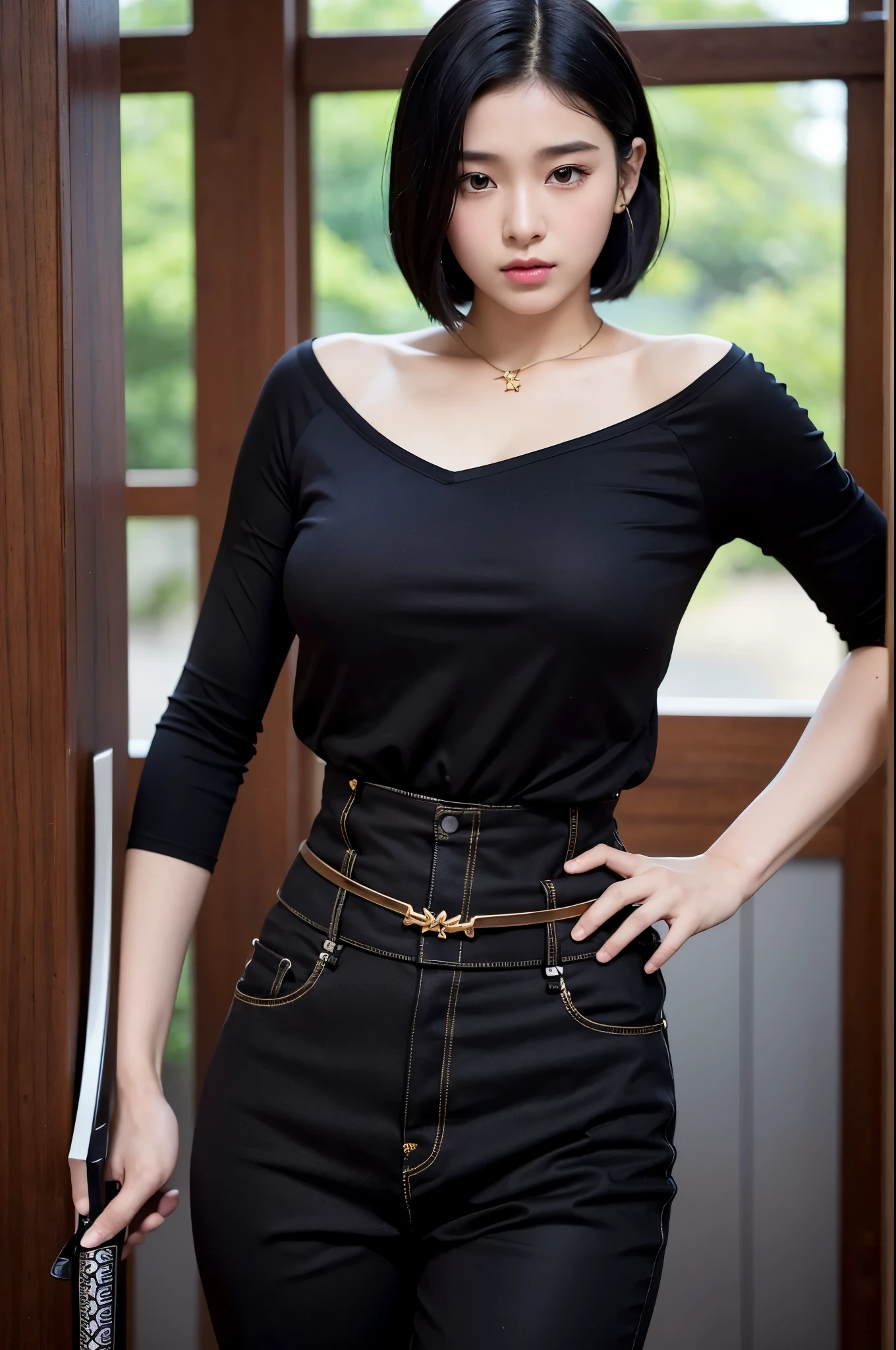 8k、alone、16 year old big breasted beauty,Super Beauty(Like the real thing),Iris,super beautiful teenager,Black short bob hair,黒と赤のSexy Exterior,Black trousers,Golden decoration,長くて大きなJapanese sword,Demon Slayer: Androgynous Beauty,What&#39;s left behind,A wonderful work of art、Wind effects:1.9、Cloud Effect:1.2、Full Rendering、Caustic soda coating、Unreal Engine、Japanese sword 1本,Innocent look,Cool beauty,Ultra-high resolution,super 超Realistic Skin,Ultra-precise hand-crafted detailing,１Japanese sword,smile,Photorealistic RAW photos of the highest quality。Backlight, Cinema Lighting, Film Grain, 50mm lens, Nikon D850,Realistic Skin,Fantasy art,Character Art,Ultra-high resolution,Muscular and slim body,Muscular and lean lower body,Precise facial details,What&#39;s left behind,Perfect hands,Cool sexy beauty,landscape,A lot of thick red smoke(largely),Ultra-realistic smoke,Extremely ripped abs,Muscular Beauty,Very large breasts,Sexy Exterior,Wide open chest,Body balance,smile,Makeup,