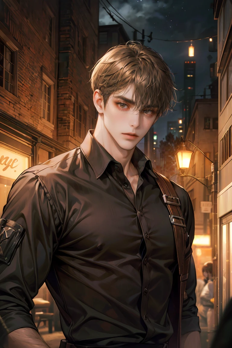(absurdres, highres, ultra detailed, original character, HDR), 1 boy, solo, adult, handsome, ((tall muscular guy, broad shoulders)), finely detailed eyes, (dark brown hair), hair between eyes, brown eyes, apocalypse, casual outfit, ((assassin)), body strap, (body tight black shirt), ((large man breasts)), (portrait), dutch angle, face focused, apocalypse alley scenery, dystopian city, closed mouth, looking at viewer, depth of field, bokeh