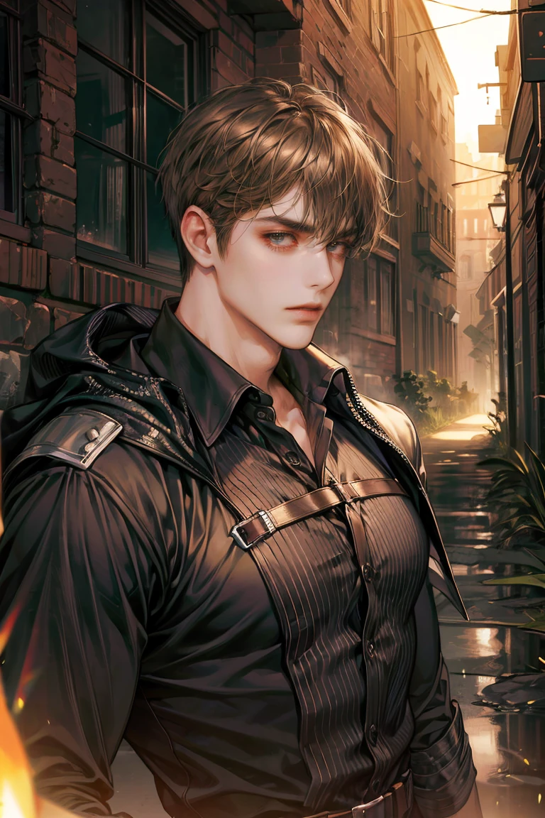 (absurdres, highres, ultra detailed, original character, HDR), 1 boy, solo, adult, handsome, ((tall muscular guy, broad shoulders)), finely detailed eyes, (dark brown hair), hair between eyes, brown eyes, apocalypse, casual outfit, ((assassin)), body strap, (body tight black shirt), ((large man breasts)), (portrait), dutch angle, face focused, apocalypse alley scenery, dystopian city, closed mouth, looking at viewer, depth of field, bokeh