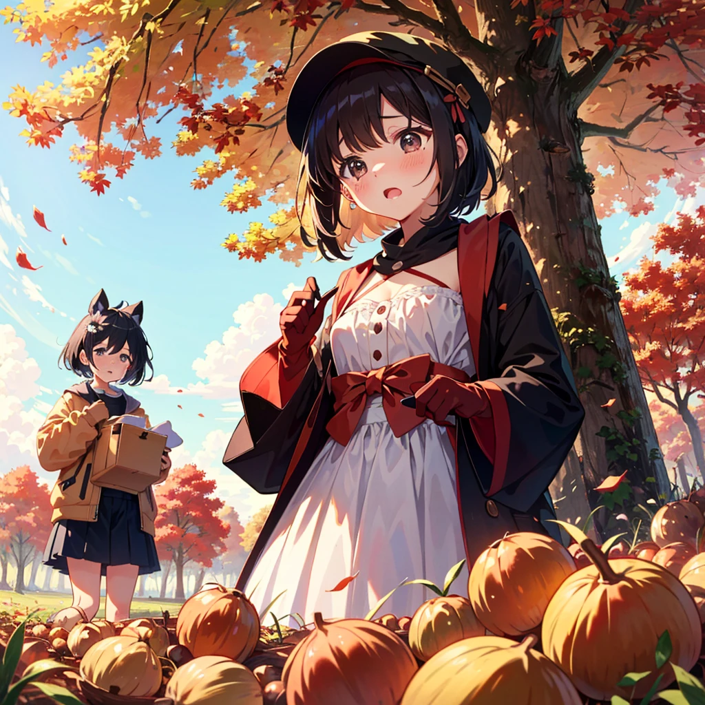 Masterpiece, top quality, high resolution background, bright and beautiful atmosphere, 3 girls (2 years old, 1 short-tempered round face), 1  (hair, surface effects), small breasts, under the chestnut tree, many burrs Chestnuts are lying around, autumn-like clothes, girls picking up chestnuts in gloves, a mini-pig crying as if it had stepped on a chestnut, a mini-pig collecting chestnuts, "deltamon_sdXL :0.73) >Deltamon"