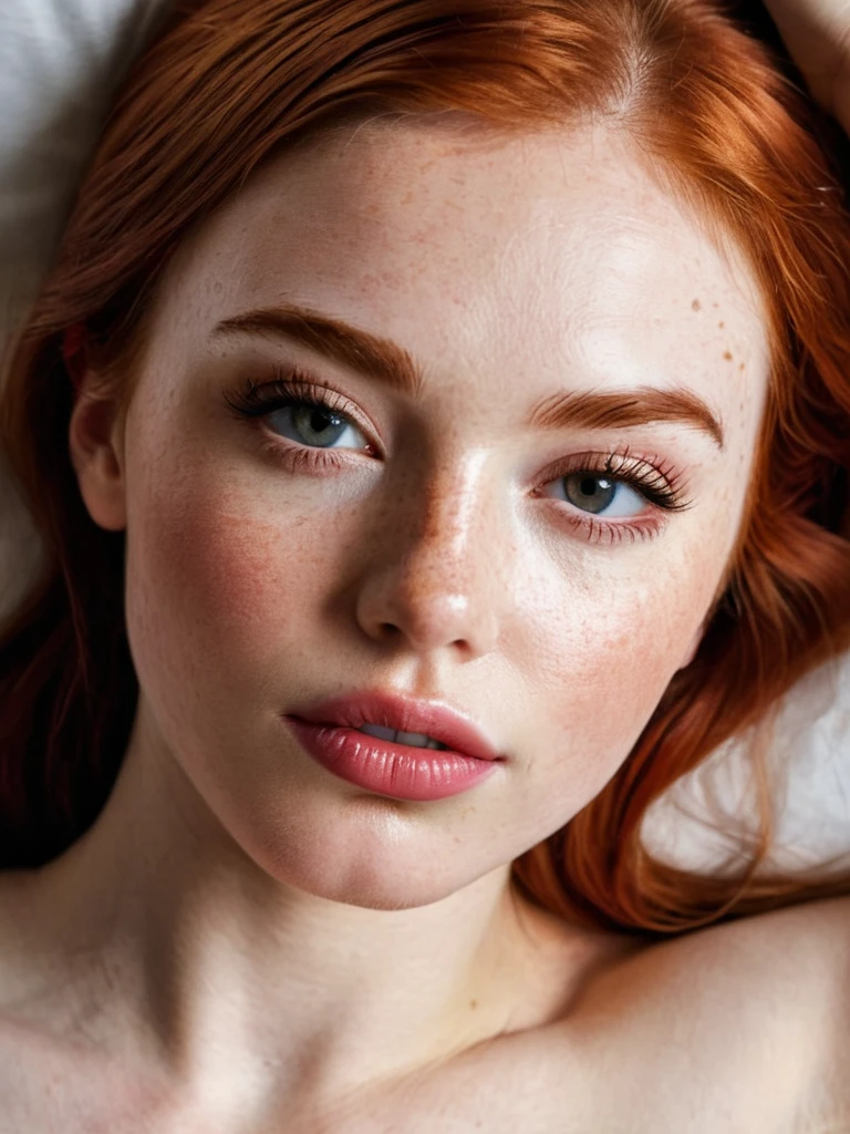 24 year old Irish student.,Full body photo,from below,in bed,fit,,ABS,v lines,nakedness,ginger,freckled skin,athletic, Hyperrealistic art film photography in the style of a detailed hyperrealism photoshoot.,raw,Portra 400 Color Graduated Film,color notable,realistic and dull skin noise,Comprehensive,analog style,Of the highest quality,skin pores,sharp focus,Speckled lighting,film grain,photographed with a Sony A7R IV,18mm F/1.7 cinema lenses,(Very detailed, intricately detailed),8k,HdR,, full body photography,Full length portrait, full body visible, from a distance, a close-up of a woman with pink lips and reddish hair, beautiful realistic face, photobeautiful realistic face, beautiful realistic face, hyperbeautiful realistic face, Realistic perfect face, Perfect face model, Realistic and defined face, beauty woman with detailed faces, realistic female faces, beautiful and realistic face, beautiful and realistic faces, perfect face and realistic shading, unique and realistic face, High resolution symmetrical images.