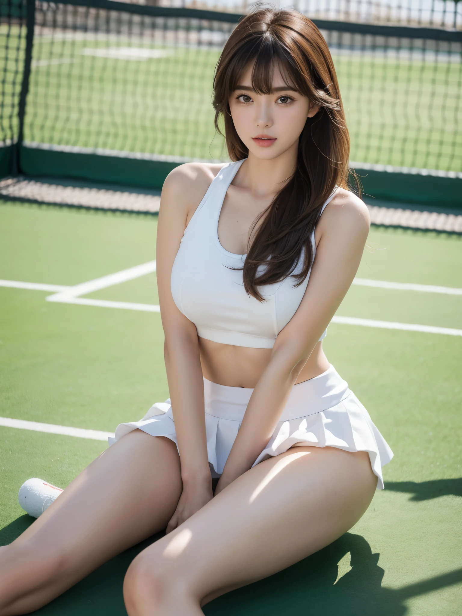 White tennis wear, tennis racket, Tennis ball, Tennis court, (Highest quality) , ((Very detailed)) , 4K , (8k) , masterpiece, Very detailedな, Highest quality, Super Resolution, Sexy, 18 year old girl, 1 person, height, 152 cm , Very beautiful face, Cute type, Big Natural Color Lip, Big and cute eyes, Brown eyes, An obvious double, Soft long hair, bangs, Brown Hair, positive, Crying a little, White Pleated Micro Mini Skirt, No underwear, Soft Light, RAW quality, Soft Skin, (Glowing Skin, Sweaty: 1.4) , Beautiful legs, Voluptuous thighs, Plump body, Huge breasts, (Expresses the roundness and softness of the chest area....1), Sexy, (Feminine body shape) , Sexual, Spread your legs(Provocative dynamic pose), Skirt flip, (beautiful pussy line),