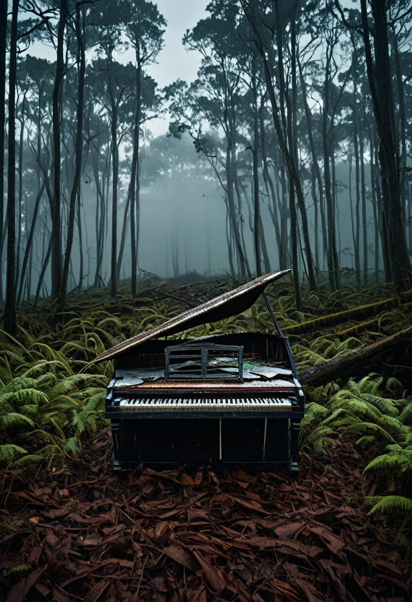 A broken piano on a dark forest, sorrounded by fog and dark clouds