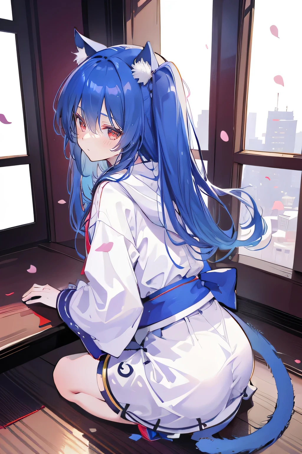 (masterpiece:1.2),Super detailed,lifelike,Expressive eyes,fair skin,perfect face shape,1 girl,
Japanese comics,Gorgeous blue hair,flowing blue hair,flowing clothes,Cat ears,Petals fall,beautiful lola,Baby Angel,
Cross your legs,Gentle and peaceful background,The pavilion is cool and comfortable,smile, wearing hoodie, background of tokyo,back views,heavy snowing, winter.