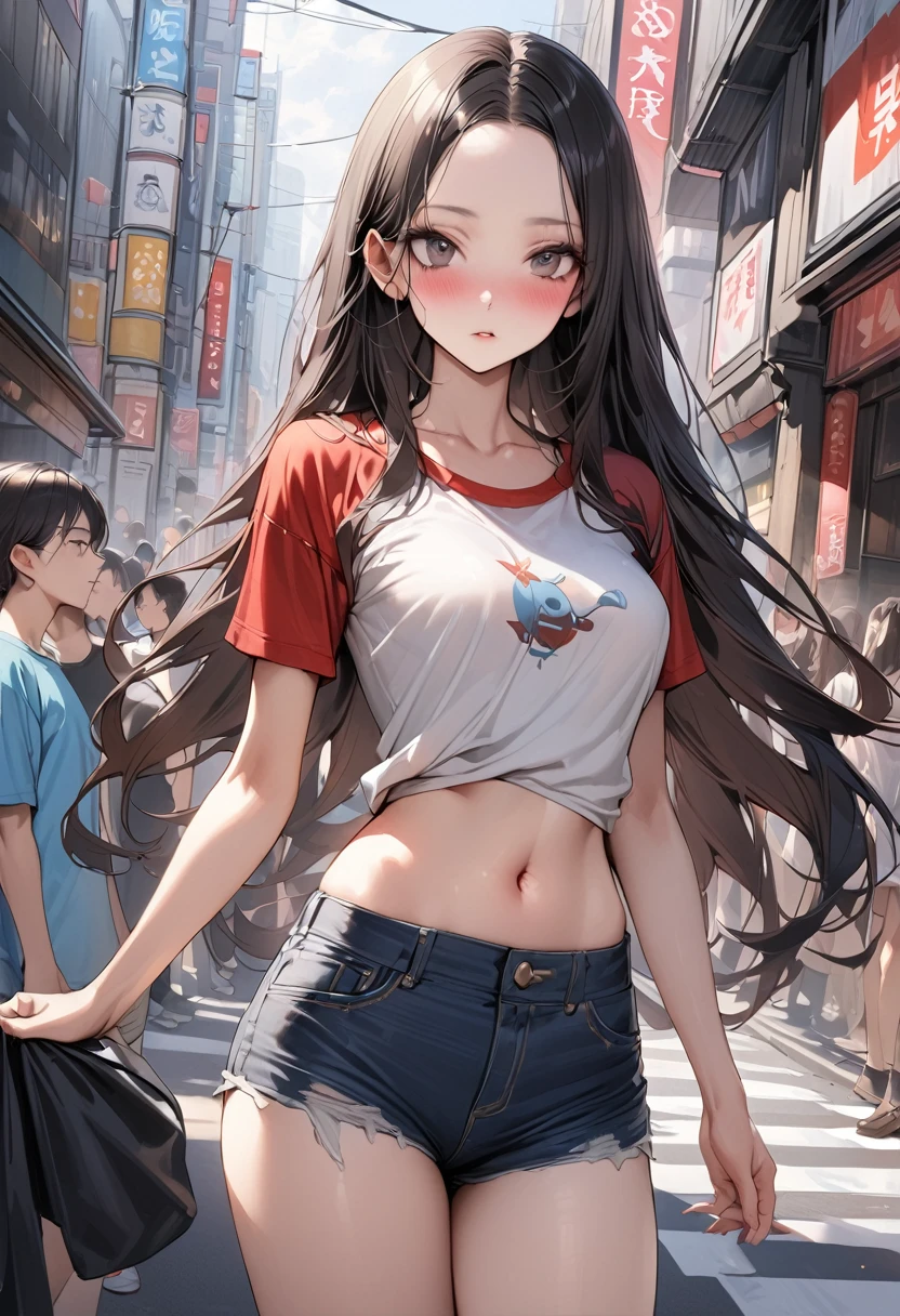 ((masterpiece,Highest quality:1.3,best quality illustration)),realistic,cowboy shot,独奏,1woman,(18 year old beauty),((very small head:1.3)),black hair,long hair,forehead,center parted bangs,black eyes,gorgeous big eyes,blush,((very long body,skinny)),(Baseball T-shirt),medium breasts,gleaming skin,toned body,slender body,skinny,Denim Micro Shorts、navel,on street,Shinjuku、Tokyo、