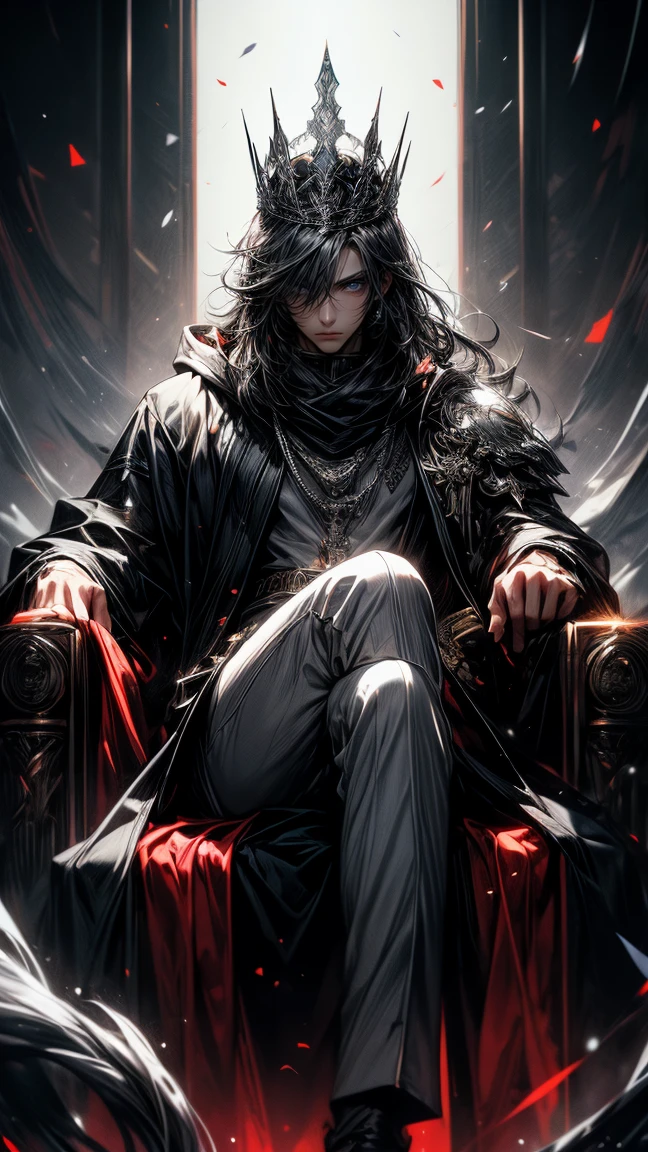 Masterpiece, best quality, high resolution, highly detailed, male, 1 man ( early twenties ), Good looking face,  black mixed with white long flowing hair ( light in the hair), pay attention to the hair full of a mixture of black and white ( black hair with several white strands), sky blue eyes ( glowing eyes ), serious expression ( cold look ), pale white skin, toned physique, wearing a grey hoodie, and white pants, black watch, surrounded by the splendors of the earth, wearing a crown made of blood and sitting on a red throne, pay attention to stunning details, and achieve a resolution of 128k, floating in a dynamic pose, high quality, with a majestic aura of authority.