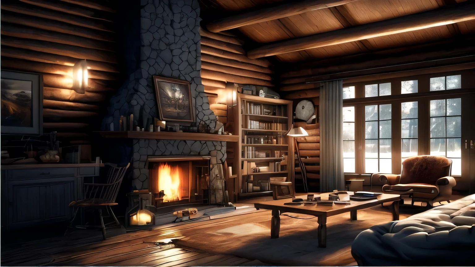 Wooden wall、fireplace、Log cabin living room with glass windows