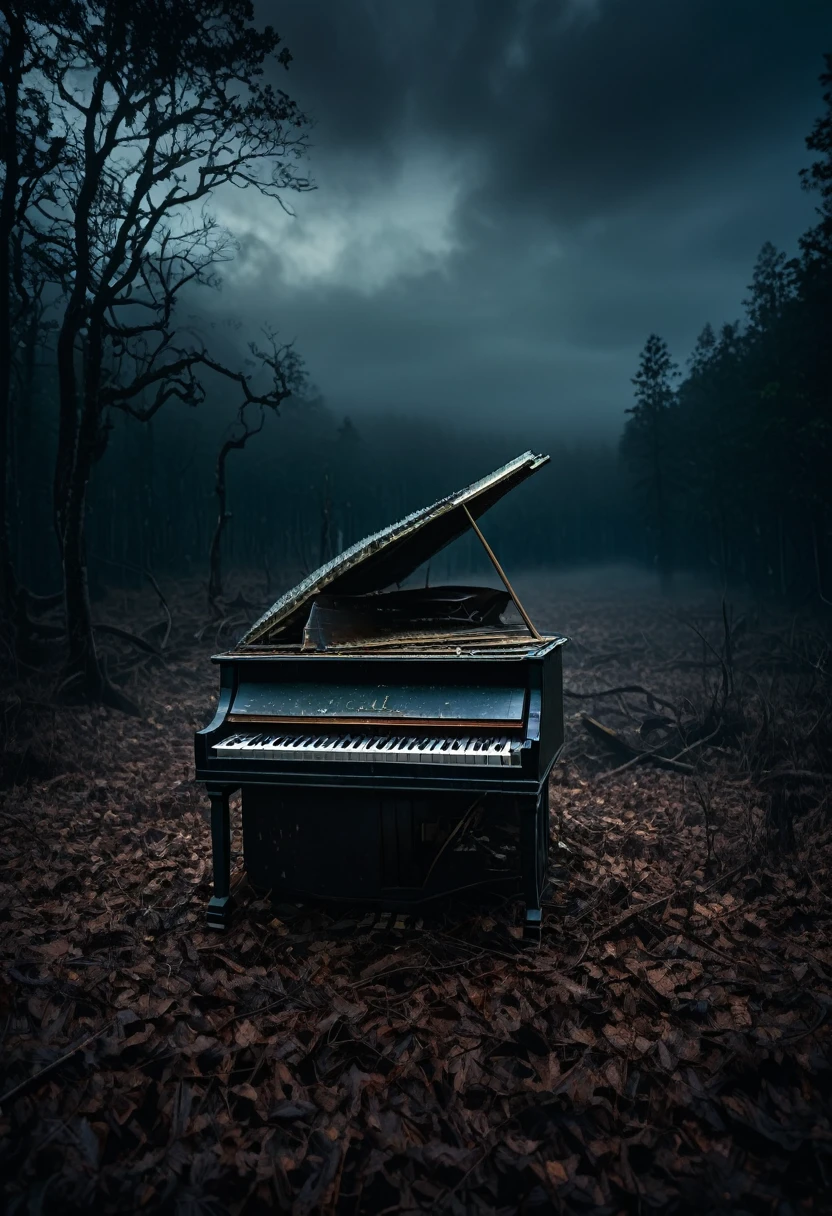 A broken piano far away on a dark forest, sorrounded by fog and dark clouds, nightime.