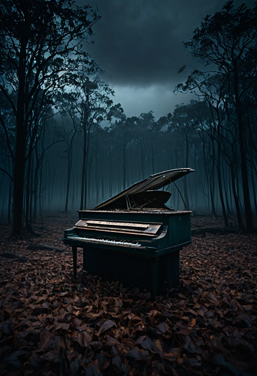 A broken piano far away on a dark forest, sorrounded by fog and dark clouds, nightime.