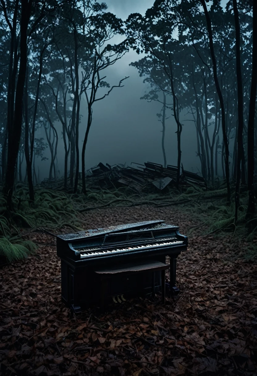 A broken piano far away on a dark forest, sorrounded by fog and dark clouds, nightime.