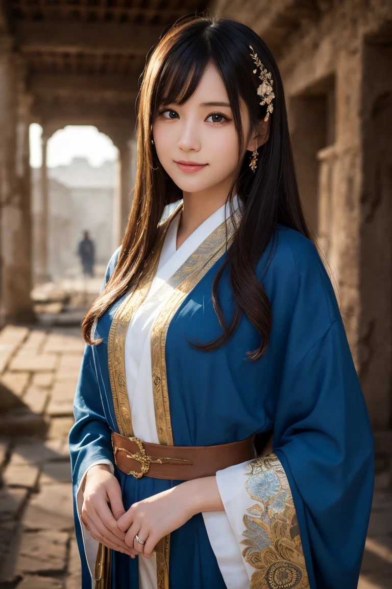 ((masterpiece)), ((best quality)), (ultra-detailed), ((kawaii)), cute, (lovely), ((extremely detailed)), 4K, (8K), best quality, (beautiful), photorealistic, portrait, immortal, a cute girl, solo, Japanese, sorceress, ancient ruins, long hair, smile, ornate robes, glowing blue eyes, nature, magic, powerful, wise, mystical, cinematic lighting,