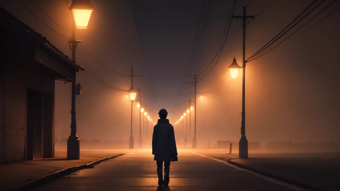 An anime boy walking alone on a deserted, dimly lit road at night, surrounded by shadows and mist.
