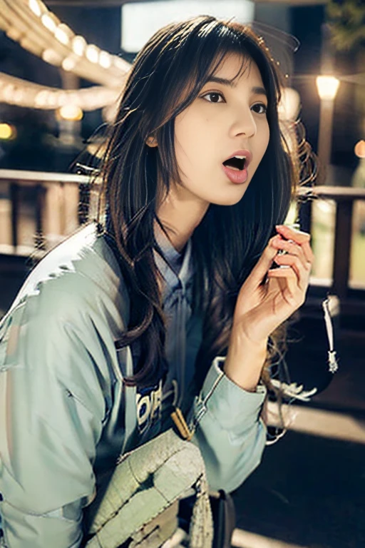 Best quality, masterpiece,photorealestic,1girl，sops，open_mouth，microphone，tongue，tongue_out,policewoman,cityscape, leaf, moon, night, night_sky, outdoors, sky, skyscraper,,floating_clothes