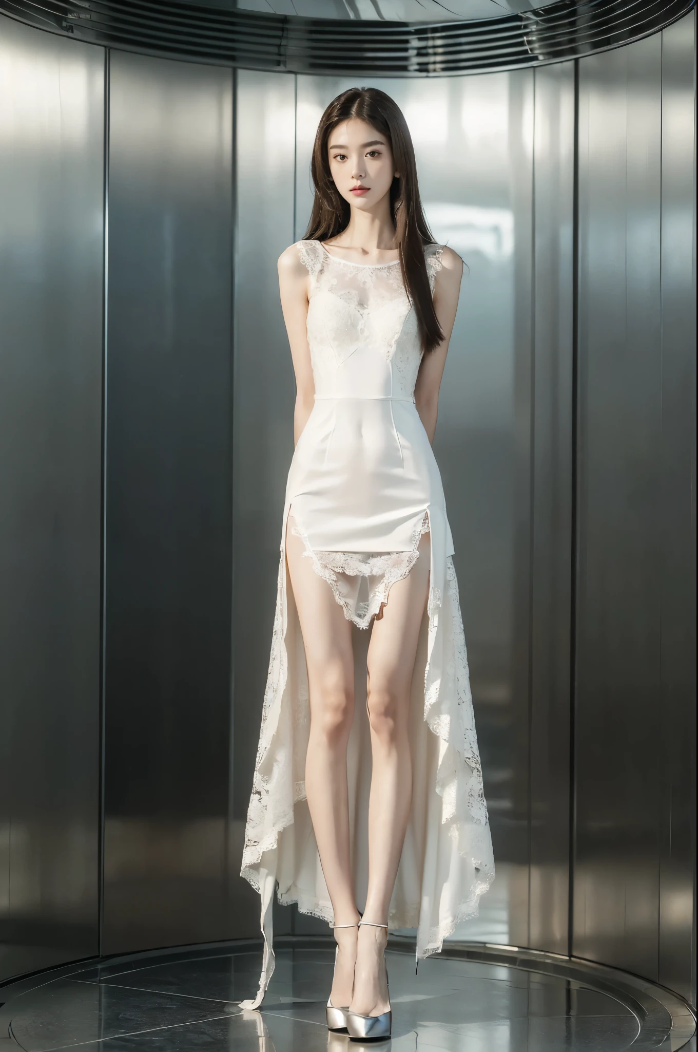 (((best quality))),(((ultra detailed))),(((masterpiece))),illustration,((1 beautiful girl,solo)),(neat medium straight hair:1.2),((slim,thin)),((small breasts,flat chest)),(white lace dress:1.3),((fair skin)),(slender legs:1.2),(standing:1.3),(arms behind back:1.3),(in elavator:1.5),((from front,full body)),((Narrow and enclosed space with metal walls))