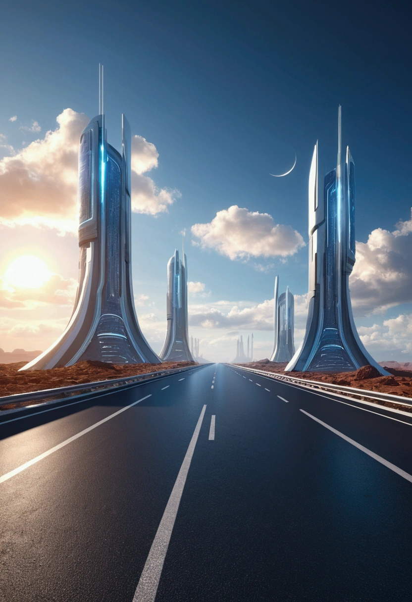 3d rendering of empty futuristic road,There is light in the sky.,There is a building in the distance.,science fiction concept.