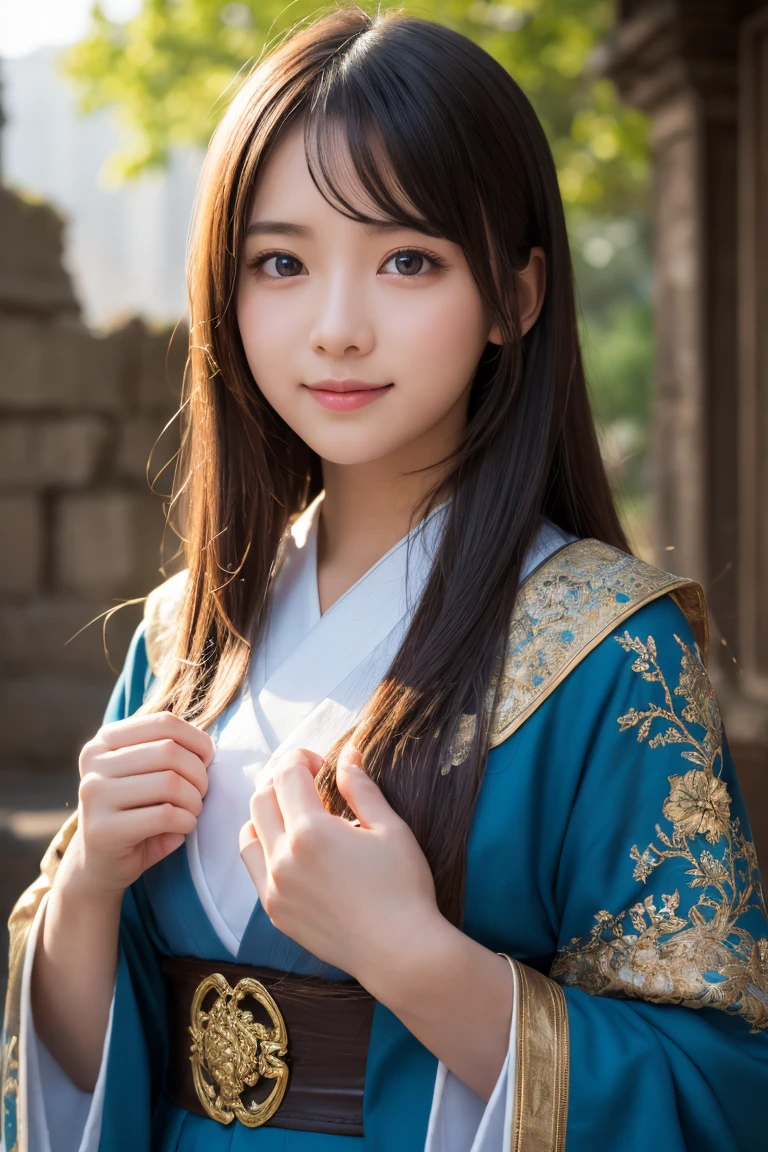 ((masterpiece)), ((best quality)), (ultra-detailed), ((kawaii)), cute, (lovely), ((extremely detailed)), 4K, (8K), best quality, (beautiful), photorealistic, portrait, immortal, a Innocent girl, solo, Japanese, sorceress, ancient ruins, long hair, smile, ornate robes, glowing blue eyes, nature, magic, powerful, wise, mystical, cinematic lighting,
