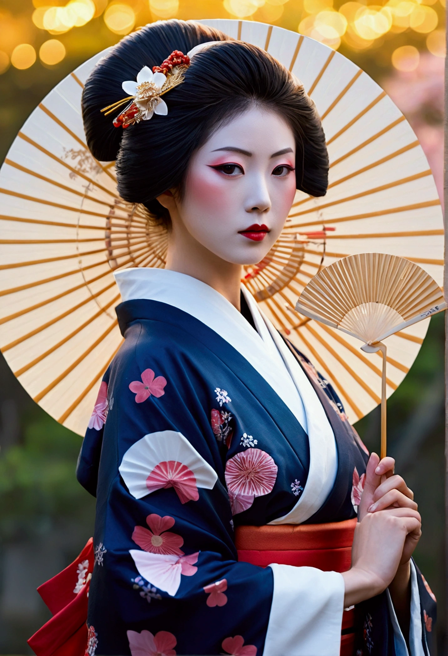 8k,High quality masterpiece, landscape, cloud, Bright starry sky. Traveler, Romantic Light, Pixiv, Concept Art, Lofi Art Style, reflection. Makoto Shinkai, Roffie Art, Beautiful anime scene, Anime landscape, Detailed landscape — width 672, Enhanced Details. change, Leprechaun,A woman in a kimono holding a folding fan and a uchiwa fan, Traditional Japanese, Japanese style, Japanese Goddess, glamorous and sexy geisha, japanese geisha, Traditional beauty, in kimono, geisha, beauty geisha, Inspired by Fujiwara Takanobu, traditional geisha clothing, geisha makeup, organic seductive geisha, geisha make up