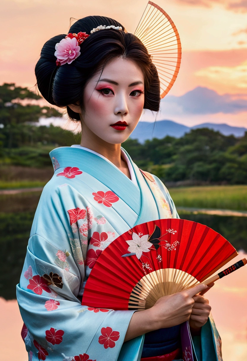 8k,High quality masterpiece, landscape, cloud, Bright starry sky. Traveler, Romantic Light, Pixiv, Concept Art, Lofi Art Style, reflection. Makoto Shinkai, Roffie Art, Beautiful anime scene, Anime landscape, Detailed landscape — width 672, Enhanced Details. change, Leprechaun,A woman in a kimono holding a folding fan and a uchiwa fan, Traditional Japanese, Japanese style, Japanese Goddess, glamorous and sexy geisha, japanese geisha, Traditional beauty, in kimono, geisha, beauty geisha, Inspired by Fujiwara Takanobu, traditional geisha clothing, geisha makeup, organic seductive geisha, geisha make up