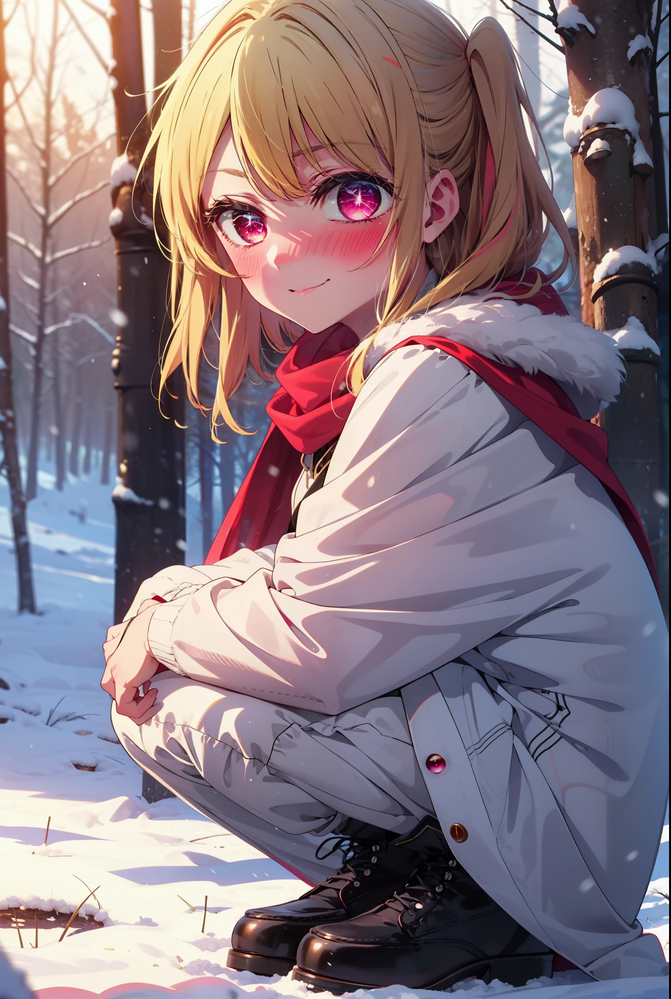 rubyhoshino, Hoshino Ruby, Long Hair, bangs, blonde, (Pink Eyes:1.3), Side Lock, (Symbol-shaped pupil:1.5), Multicolored Hair, Two-tone hair, smile,,smile,blush,white breath,
Open your mouth,snow,Ground bonfire, Outdoor, boots, snowing, From the side, wood, suitcase, Cape, Blurred, , forest, White handbag, nature,  Squat, Mouth closed, Cape, winter, Written boundary depth, Black shoes, red Cape break looking at viewer, Upper Body, whole body, break Outdoor, forest, nature, break (masterpiece:1.2), Highest quality, High resolution, unity 8k wallpaper, (shape:0.8), (Beautiful and beautiful eyes:1.6), Highly detailed face, Perfect lighting, Extremely detailed CG, (Perfect hands, Perfect Anatomy),
