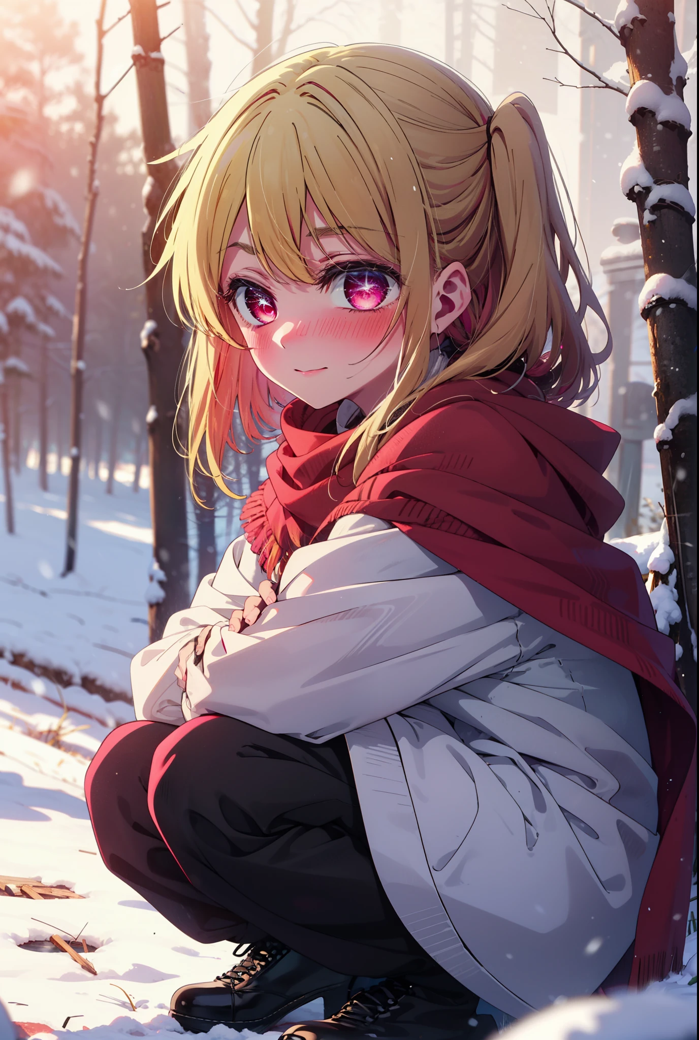 rubyhoshino, Hoshino Ruby, Long Hair, bangs, blonde, (Pink Eyes:1.3), Side Lock, (Symbol-shaped pupil:1.5), Multicolored Hair, Two-tone hair, smile,,smile,blush,white breath,
Open your mouth,snow,Ground bonfire, Outdoor, boots, snowing, From the side, wood, suitcase, Cape, Blurred, , forest, White handbag, nature, Squat, Mouth closed, Cape, winter, Written boundary depth, Black shoes, red Cape break looking at viewer, Upper Body, whole body, break Outdoor, forest, nature, break (masterpiece:1.2), Highest quality, High resolution, unity 8k wallpaper, (shape:0.8), (Beautiful and beautiful eyes:1.6), Highly detailed face, Perfect lighting, Extremely detailed CG, (Perfect hands, Perfect Anatomy),