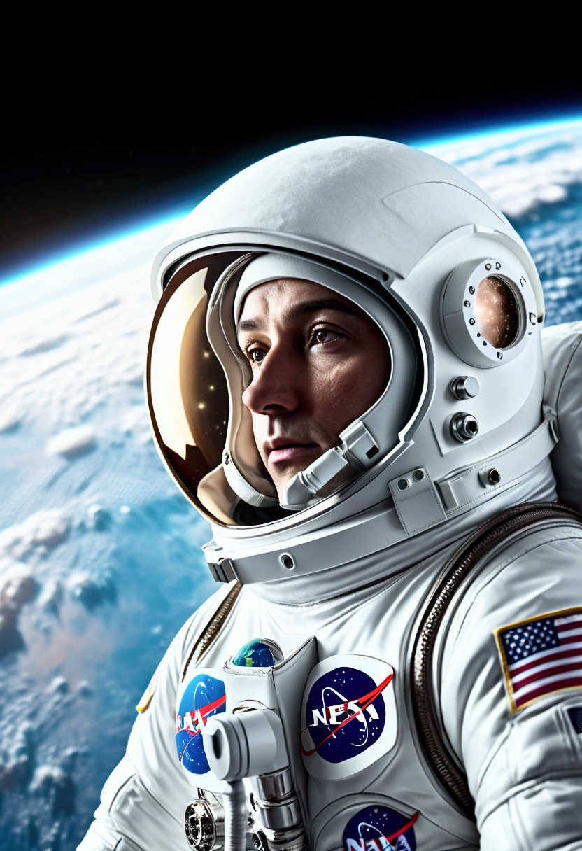 Young female astronaut with beautiful face in helmet, professional astronaut in down jacket floating in zero gravity, Earth in great detail in background, dreamy and surreal atmosphere, volumetric lighting, soft cinematic lighting, highly detailed 8K, Realistic, complex and mysterious space background,