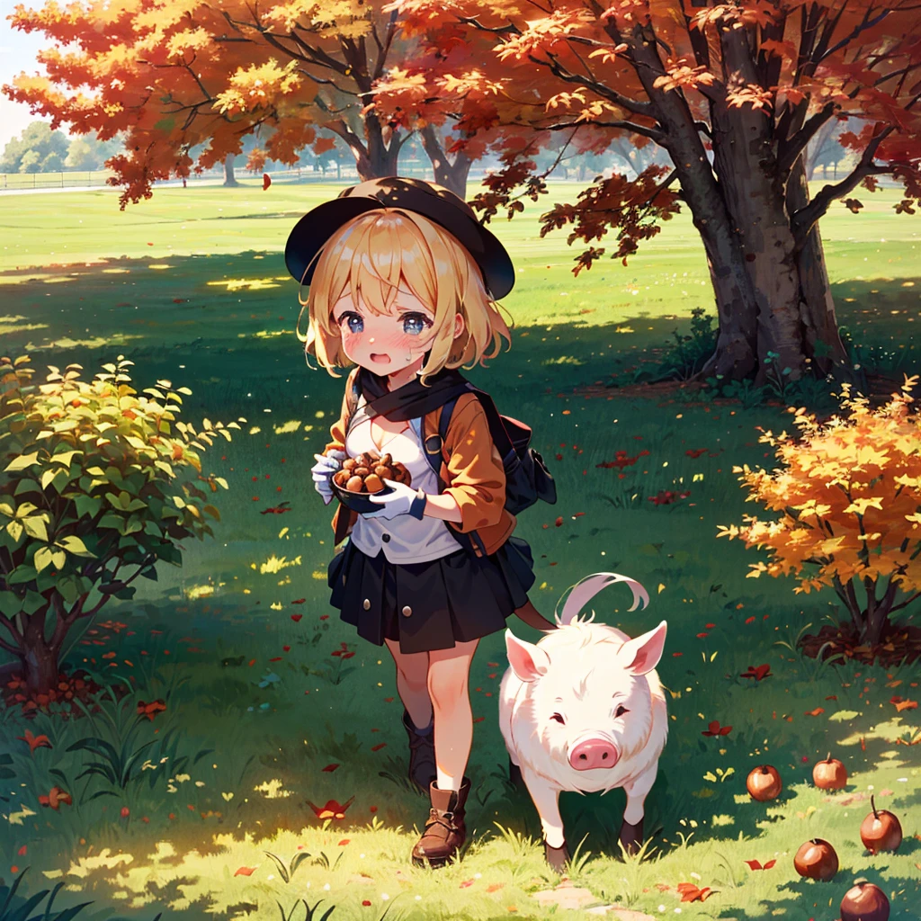 Masterpiece, top quality, high resolution background, bright and beautiful atmosphere, 3 girls (2 years old, 1 short-tempered round face), 1 (hair, surface effects), small breasts, under the chestnut tree, many burrs Chestnuts are lying around, autumn-like clothes, girls picking up chestnuts in gloves, a mini-pig crying as if it had stepped on a chestnut, a mini-pig collecting chestnuts, "deltamon_sdXL :0.73) >Deltamon"