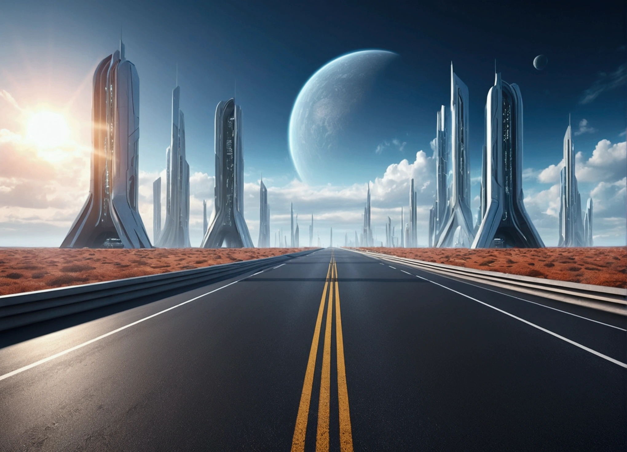 3d rendering of empty futuristic road，There is light in the sky.，There is a building in the distance.，science fiction concept.