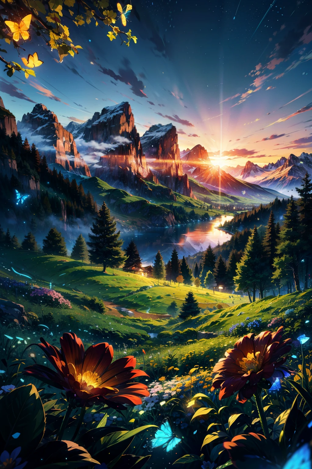 Anime landscape with mountains and flowers in the foreground，Anime inspired green landscape of the Alps with bright blue glass like sky shining with glittering glittering effect(Bokeh effect) (firefly)