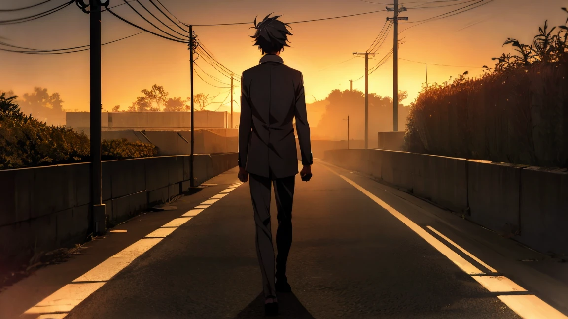 An anime boy walking alone on a deserted, dimly lit road at night, surrounded by shadows and mist.