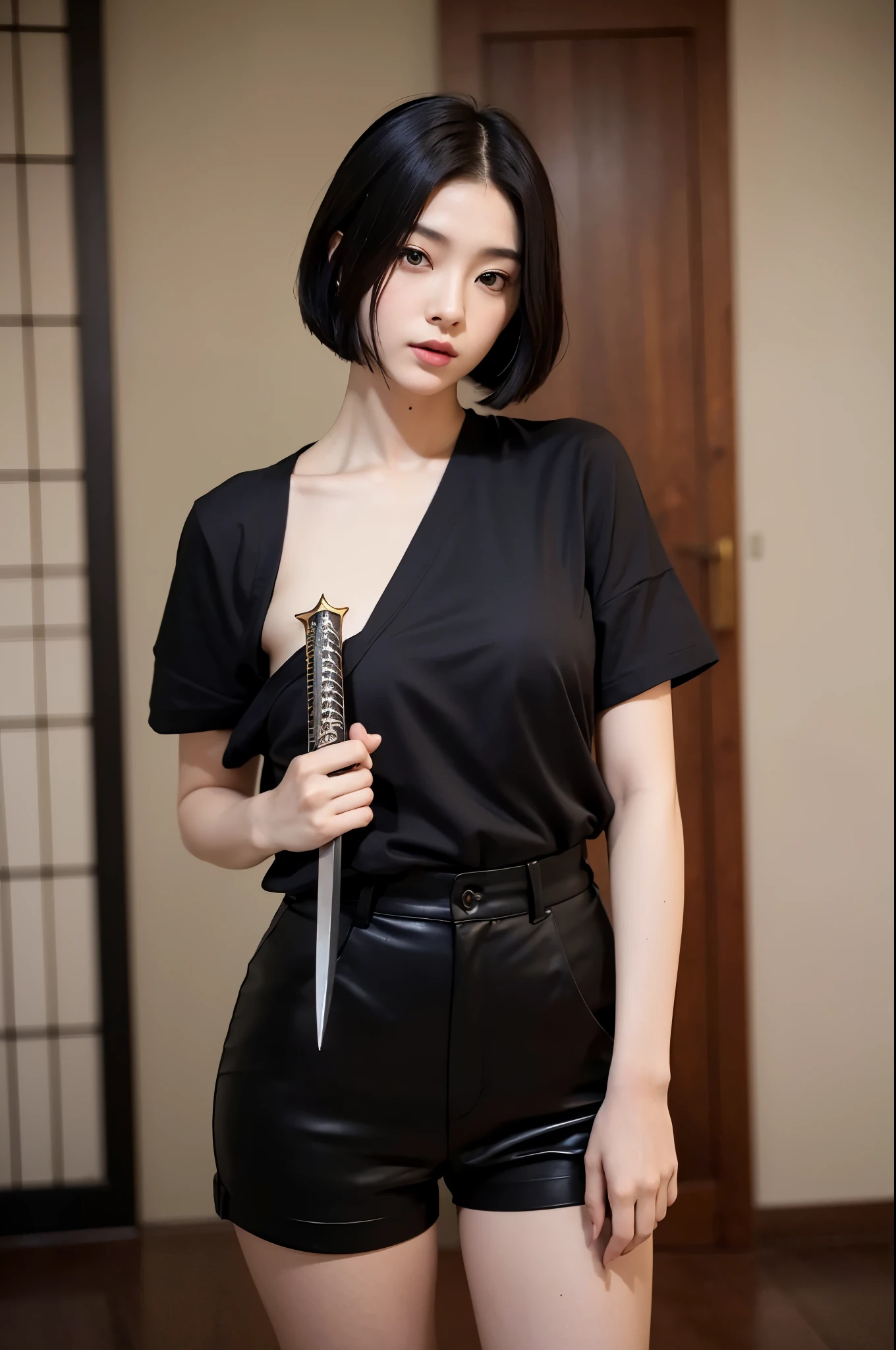 8k、alone、16 year old big breasted beauty,Super Beauty(Like the real thing),Iris,super beautiful ager,Black short bob hair,黒と赤のSexy Exterior,Black trousers,Golden decoration,長くて大きなJapanese sword,Demon Slayer: Androgynous Beauty,What's left behind,A wonderful work of art、Wind effects:1.9、Cloud Effect:1.2、Full Rendering、Caustic soda coating、Unreal Engine、Japanese sword 1本,Cool beauty,Ultra-high resolution,super 超Realistic Skin,Ultra-precise hand-crafted detailing,1Japanese sword,smile,Photorealistic RAW photos of the highest quality。Backlight, Cinema Lighting, Film Grain, 50mm lens, Nikon D850,Realistic Skin,Fantasy art,Character Art,Ultra-high resolution,Muscular and slim body,Muscular and lean lower body,Precise facial details,What's left behind,Perfect hands,Cool sexy beauty,landscape,A lot of thick red smoke(largely),Ultra-realistic smoke,Extremely ripped abs,Muscular Beauty,Very large breasts,Sexy Exterior,Wide open chest,Body balance,smile,Makeup,Accentuate your cleavage,