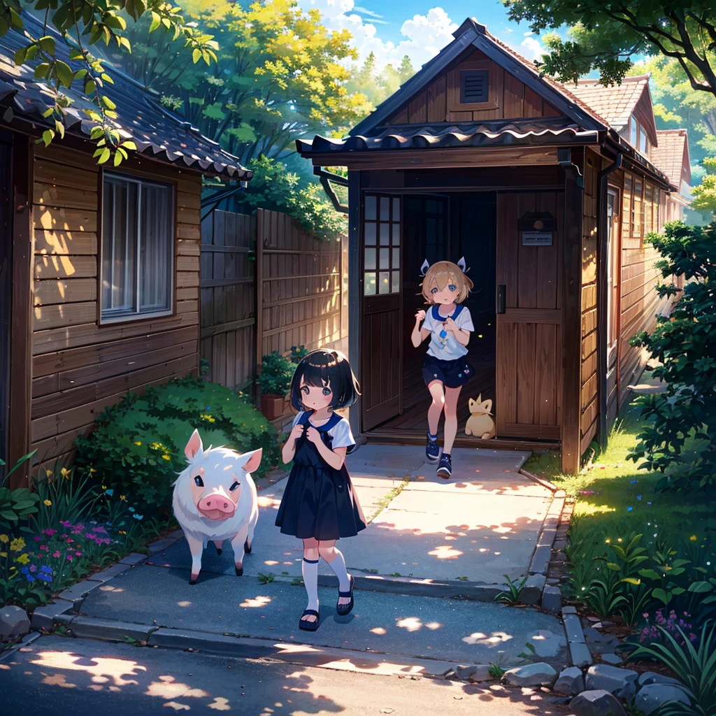 Masterpiece, highest quality, high resolution background, bright and beautiful atmosphere, 3 girls (, 1 short-tempered round face), 1  (hair, surface effects), small breasts, old housing complex, summery clothes, Girls playing hide and seek, mini pigs hiding in various places, "deltamon_sdXL :0.73) >Deltamon"