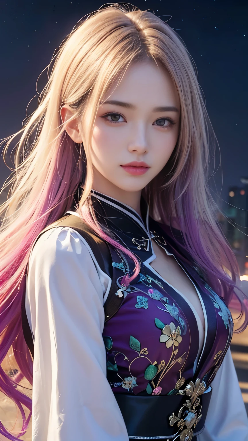 (masterpiece, 最high quality, 最high quality, Official Art, beautifully、aesthetic:1.2),  Very detailed,colorful,Most detailed,night、深night、Degrees of Freedom:1.8、8k、Anatomically correct , (Shiny skin), (Many colors:1.4), beautiful、Japanese、White shirt、uper big breasts:1.99、Small waist:1.3、High resolution、high quality、high resolution、Realistic、realism、Photorealistic、Realistic textured face and body、Perfect Anatomy、beautiful、Rainbow Hair、realism、Realistic、Photorealistic、Raw photo、超A high  resolution  、SLR、Octane Rendering、Smaller face、Detailed Background:Meteors、red、purple、