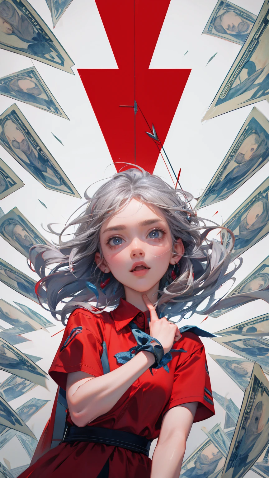 girl screaming in pain, shocking expression with big eyes, wearing red shirt and grey hair looking at trading chart showing blue up arrow going towards the sky, surrounded by money flying around her ,