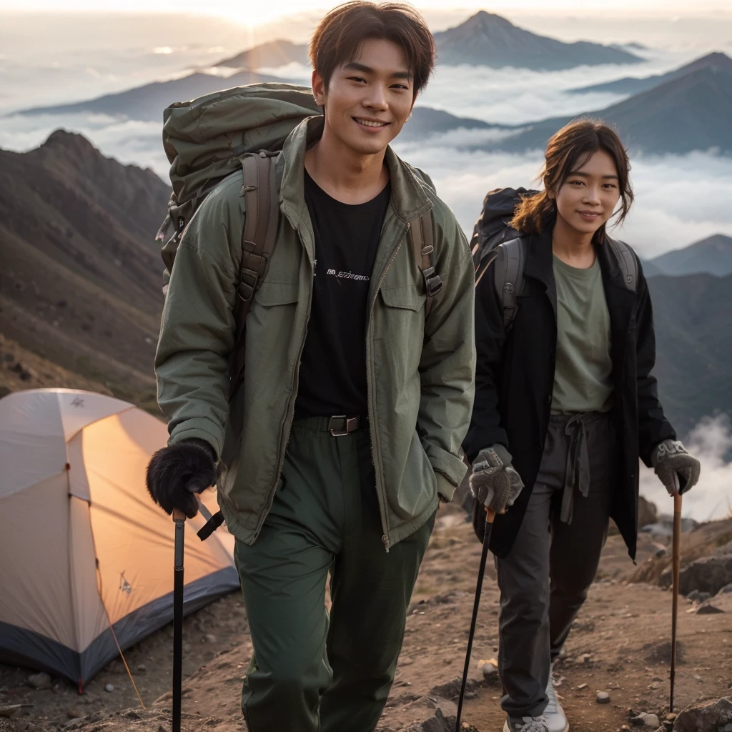 Photography profesional, handsome Korean man with short hair, Wearing a blush green jacket, black t-shirt, long pants jeans hijau tua,sneakers, walk up the mountain, with a backpack,stick,dan gloves,in the company of beautiful Korean women, wearing a black coat, white shirt, long pants,sport shoes,gloves, stick,back at the top of Mount Mahameru,seen from above,there is a tent installed ,with smoke, sunset atmosphere,front view bokeh, smile,